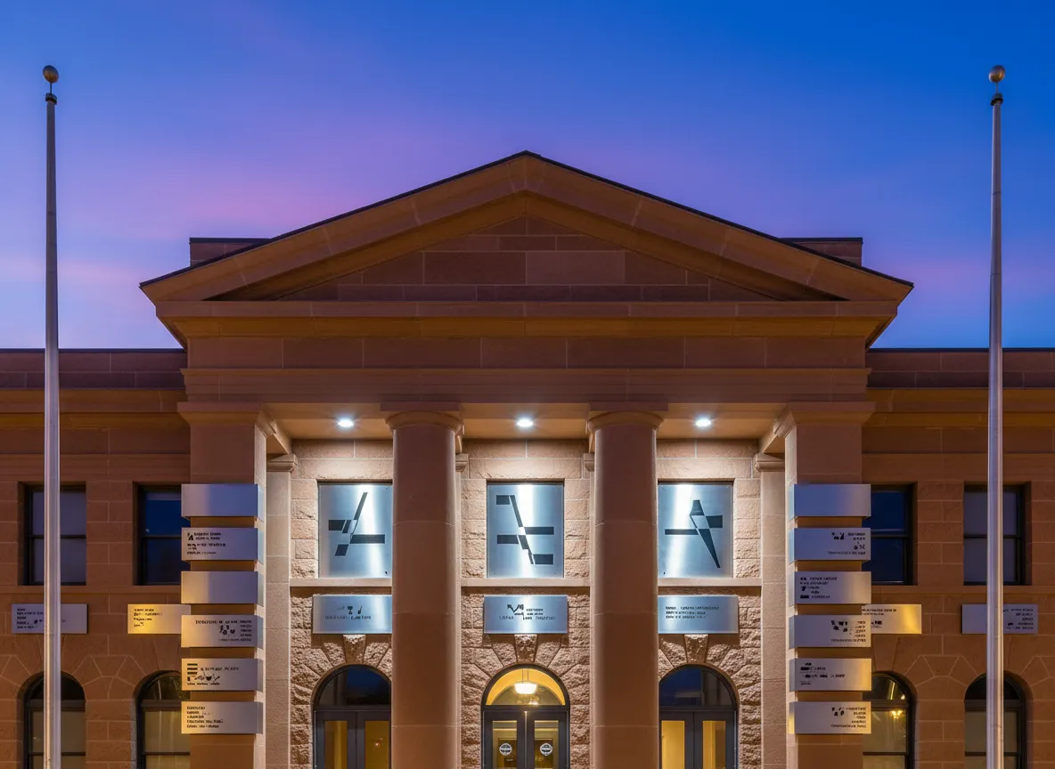 Government building facade with pediment, columns, and stainless department signs.