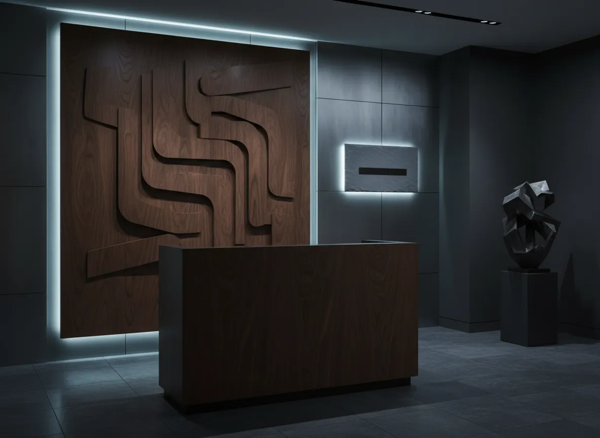 Walnut reception panel with carved firm name and LED halo in a steel-paneled legal office.