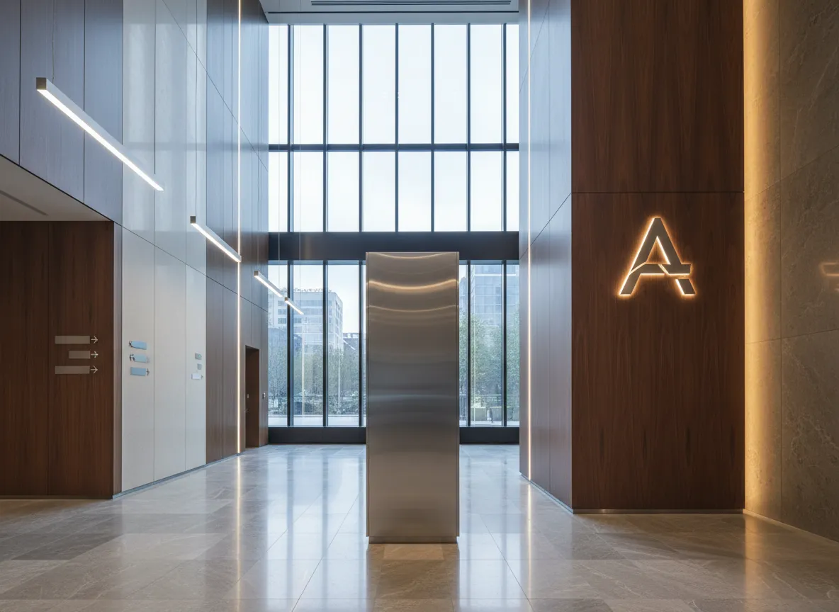 Modern glass lobby with directory panel, walnut identity panel, and wayfinding arrows.