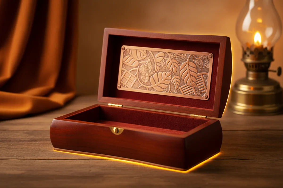 Finished custom engraved wooden keepsake box displayed open on a table.