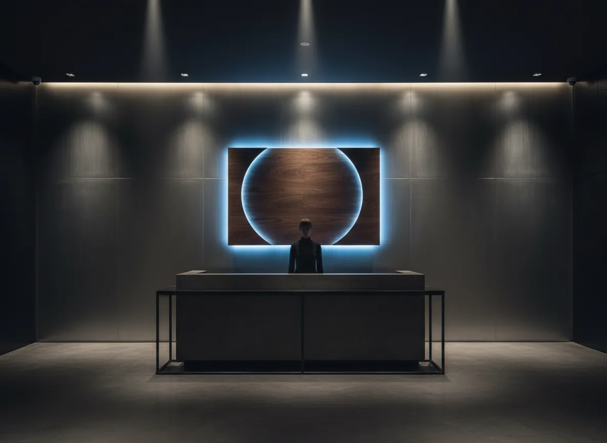 Dark lobby with steel feature wall and walnut logo panel with LED halo glow