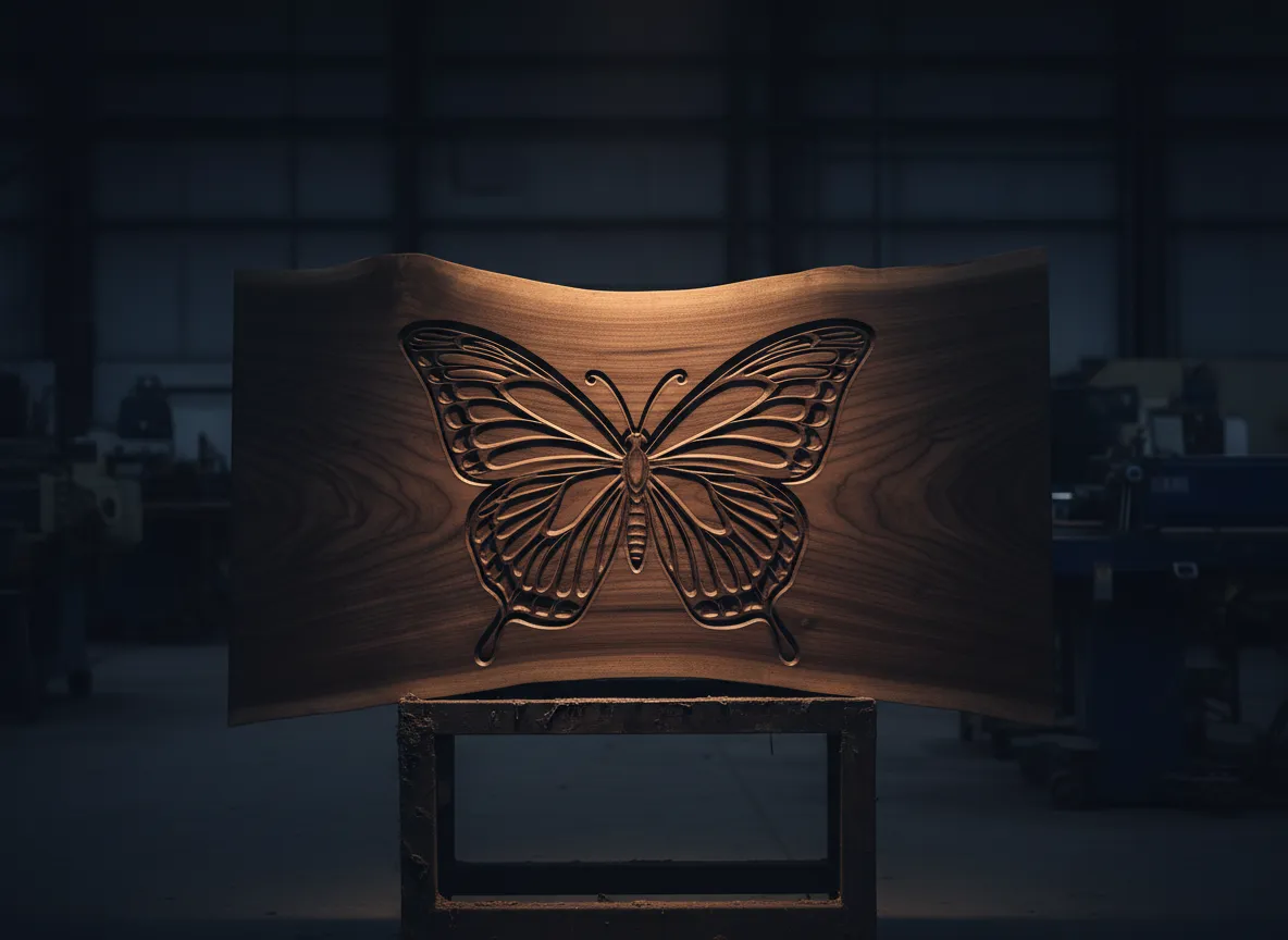 Dark studio with walnut slab and butterfly relief carving under warm spotlight