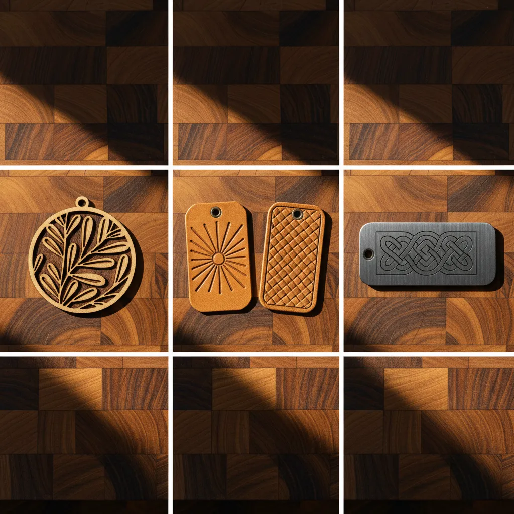 Collage tile with engraved wooden ornaments, leather tags, and aluminum tag on butcher-block.