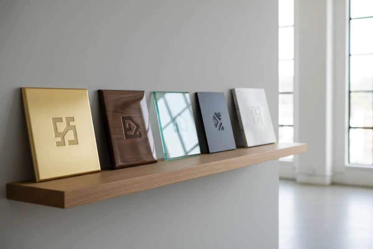 Engraved corporate plaques on a shelf in a well-lit studio, showing material variety and finish quality.
