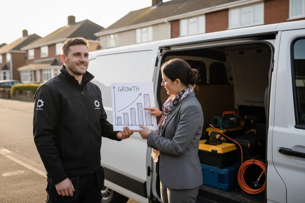A male tradesperson in branded workwear stands outside his van, looking relieved as a marketing expert shows him a simple growth chart. The setting is a suburban street, with tools visible in the van. The mood is optimistic and supportive.