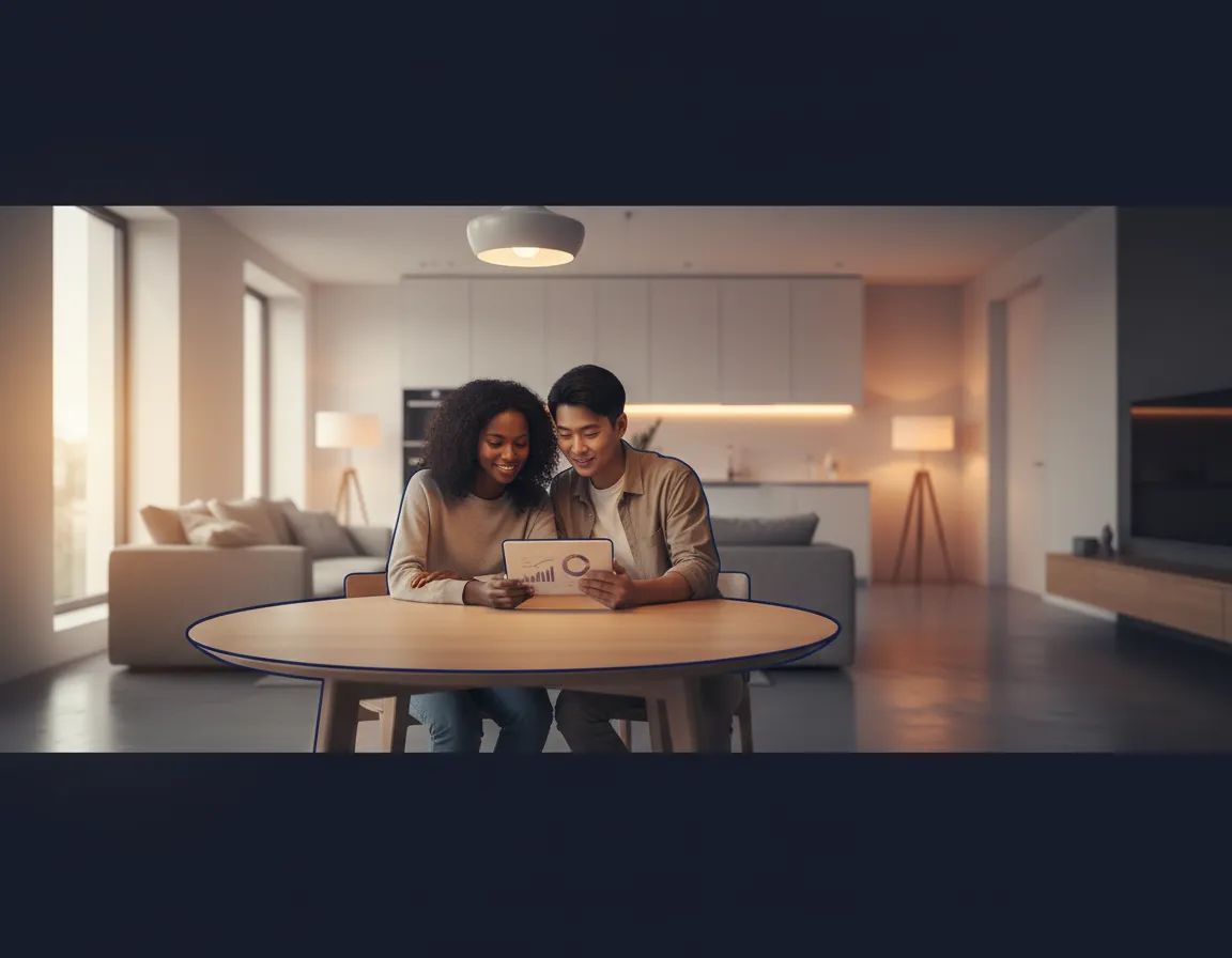Young couple looking at a tablet together inside their new home