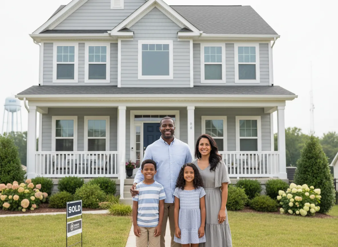 Happy military family in front of a home in Odenton, Maryland near Fort Meade