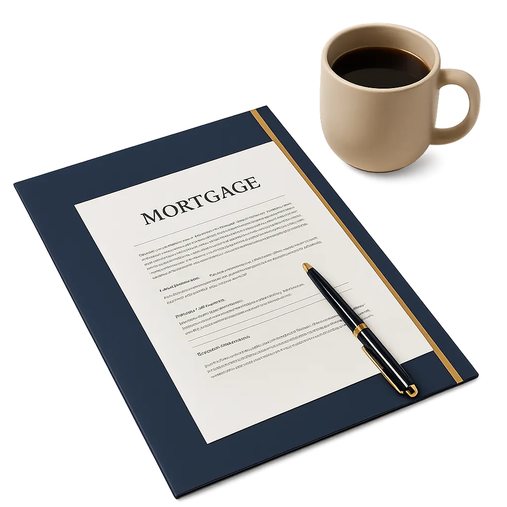 Modern office setting with mortgage advisory documents on a desk