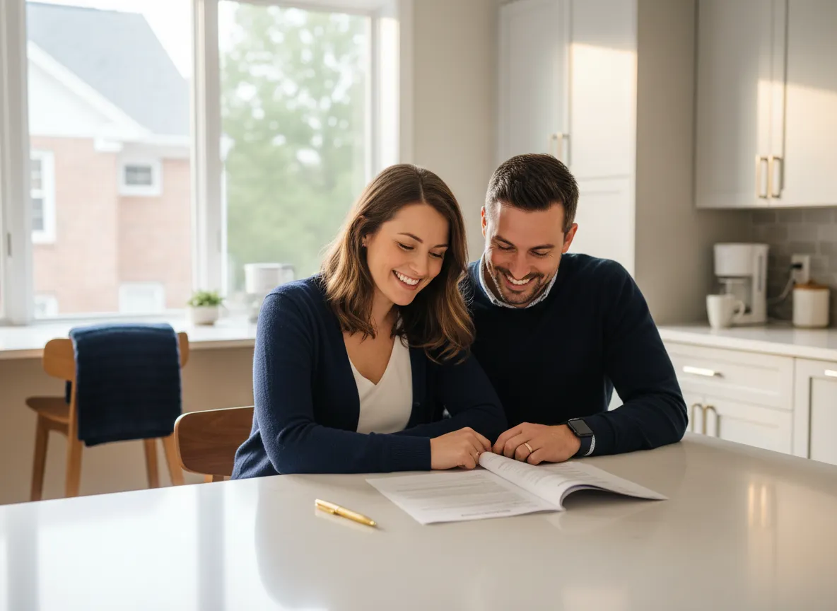 Happy couple reviewing pre-approval documents at home