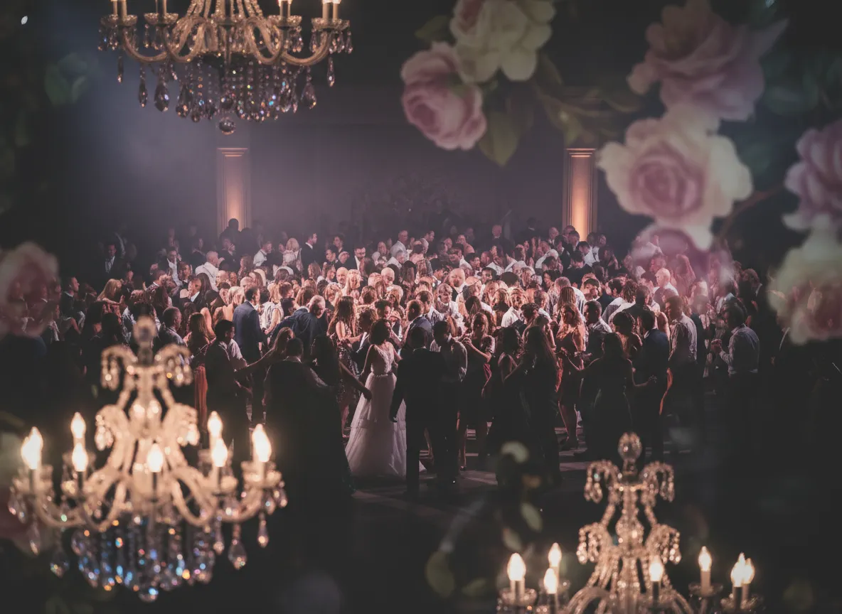 Atmospheric cinematic photography of a packed dance floor with warm lighting