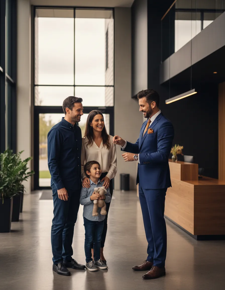 Agente inmobiliario profesional entregando llaves a una familia en su nueva casa, transmitiendo seguridad institucional