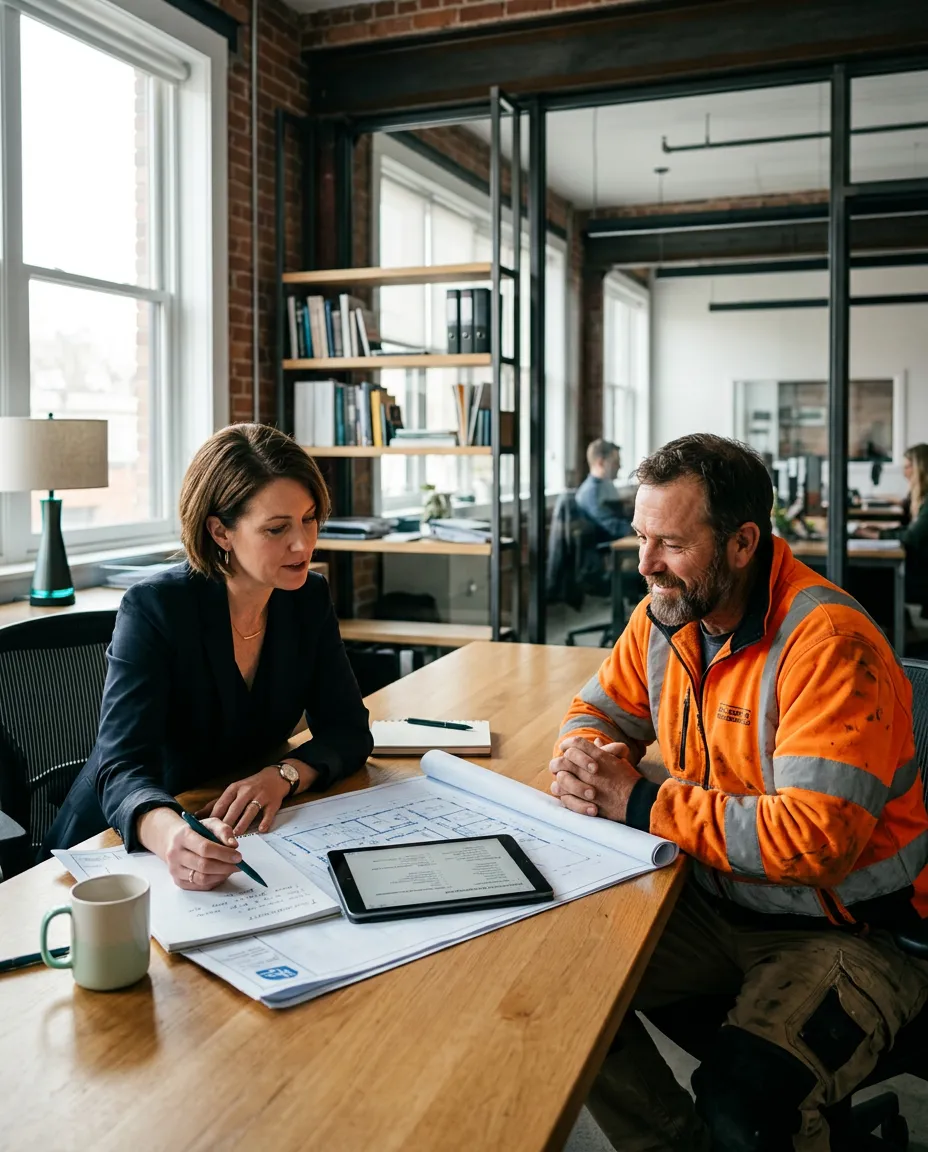 Dedicated advisor reviewing clean energy procurement plans with a local SouthCoast trade business owner