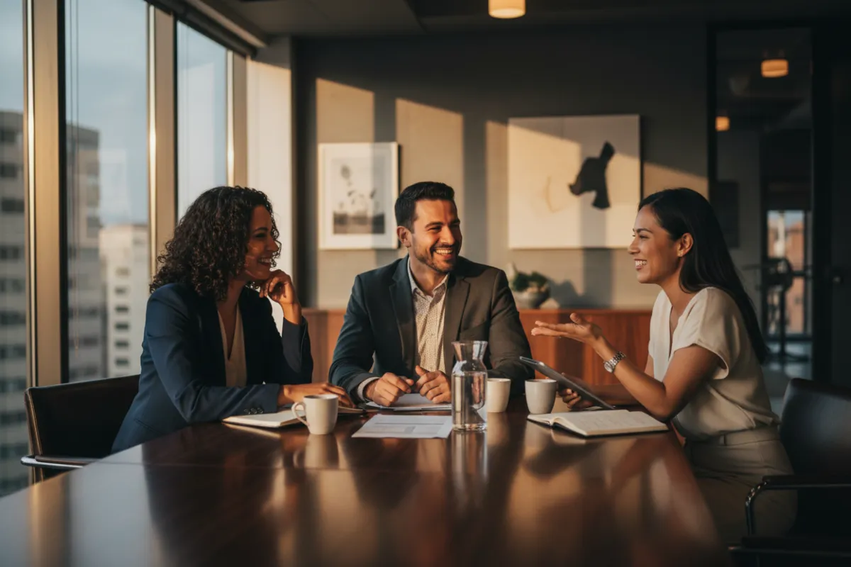 Three Hispanic people seated in an office, professional and warm
