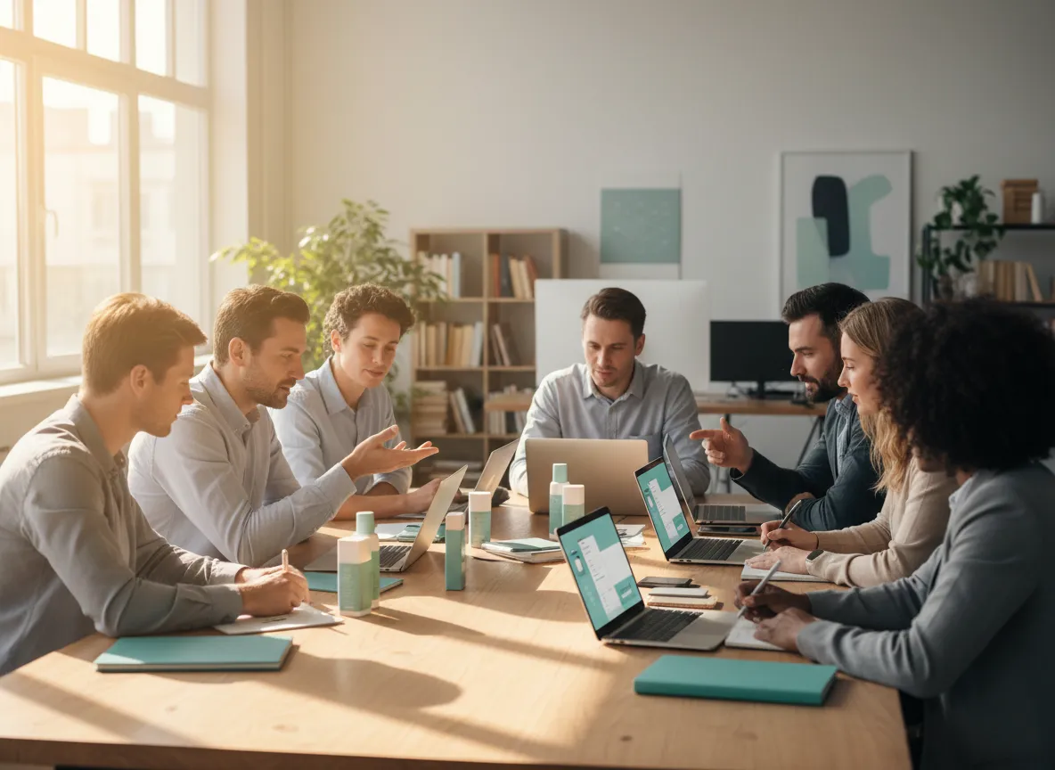 E-commerce team collaborating around laptops and product samples