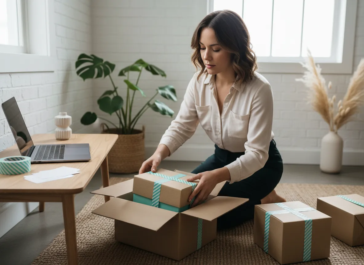 Smiling founder packing products for global e-commerce orders