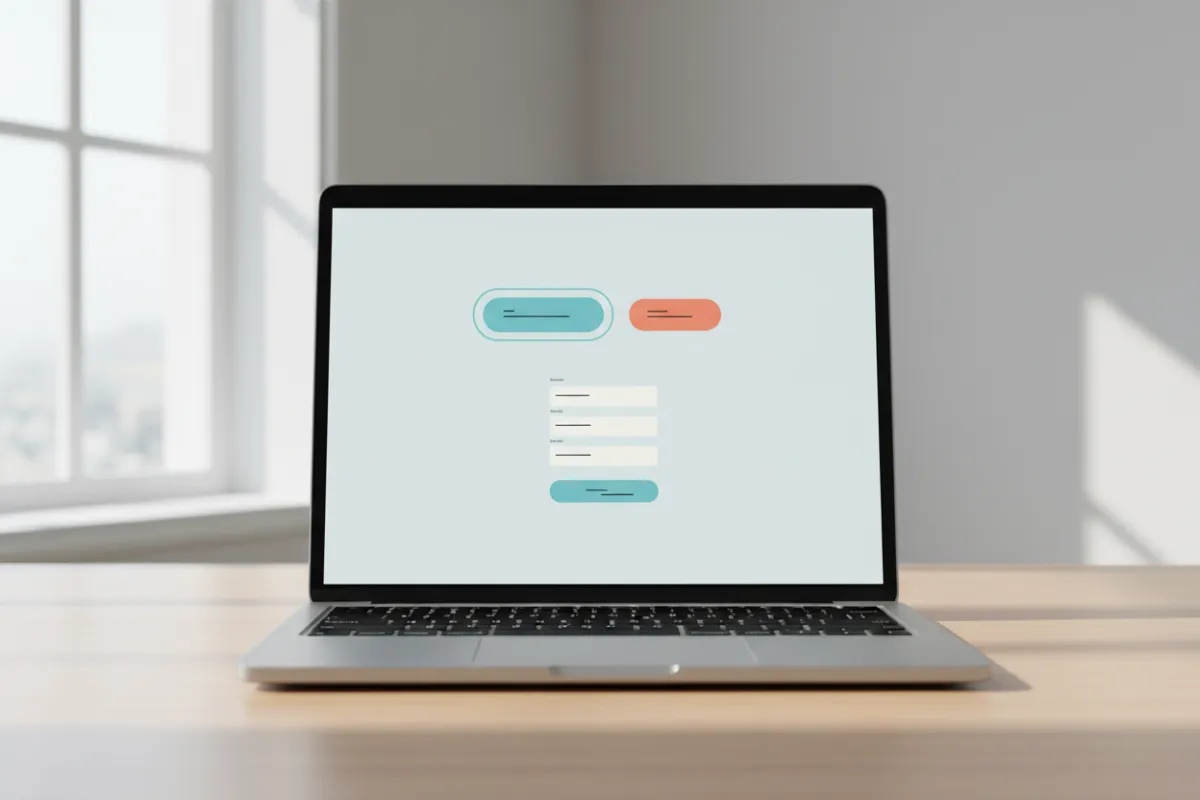 Demo homepage screenshot on a laptop screen with clear CTAs and a simple enquiry form