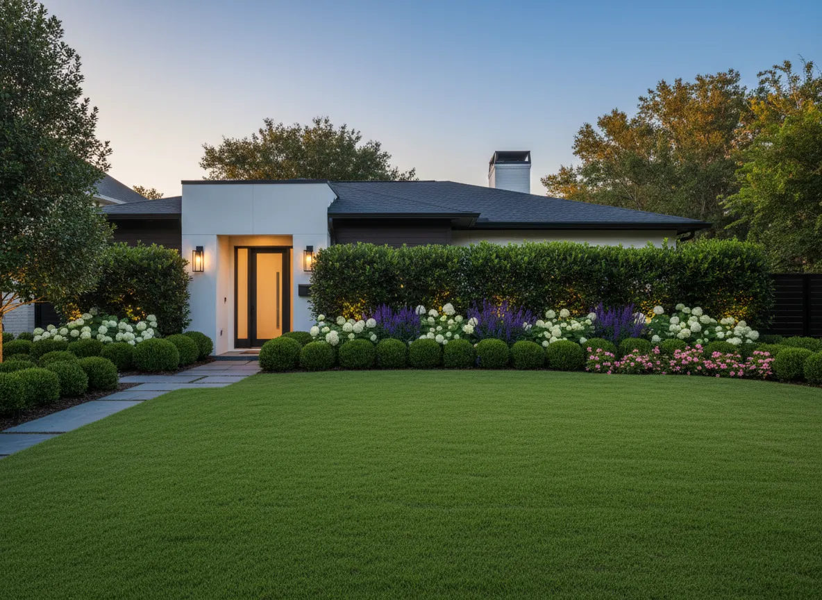Lush, maintained front yard with trimmed hedges