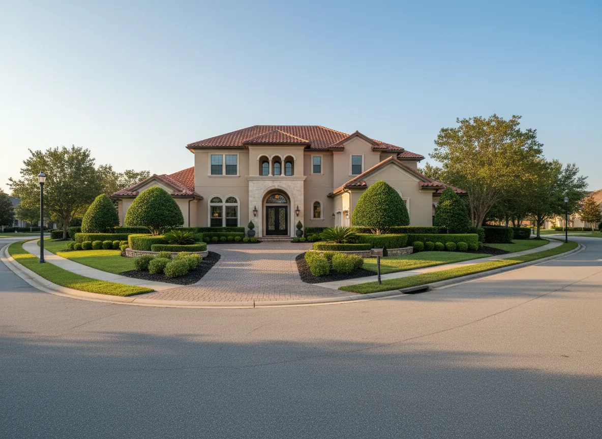 Driveway and entry with manicured landscaping