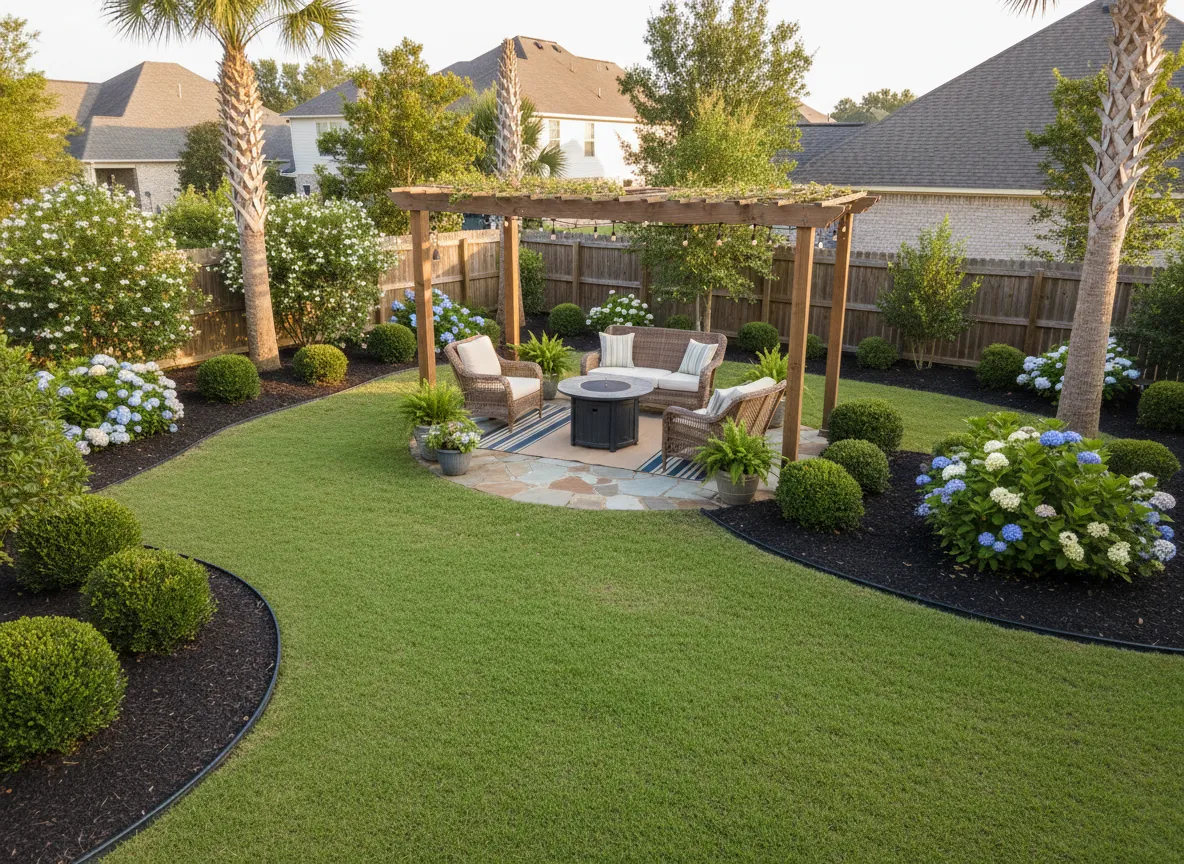 Backyard with neat beds and healthy lawn