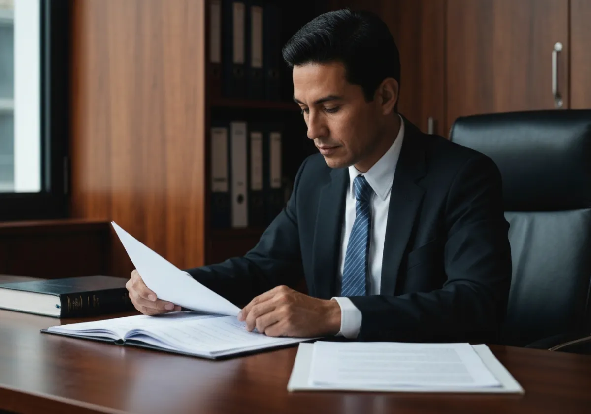 Profesional académico revisando documentación formal