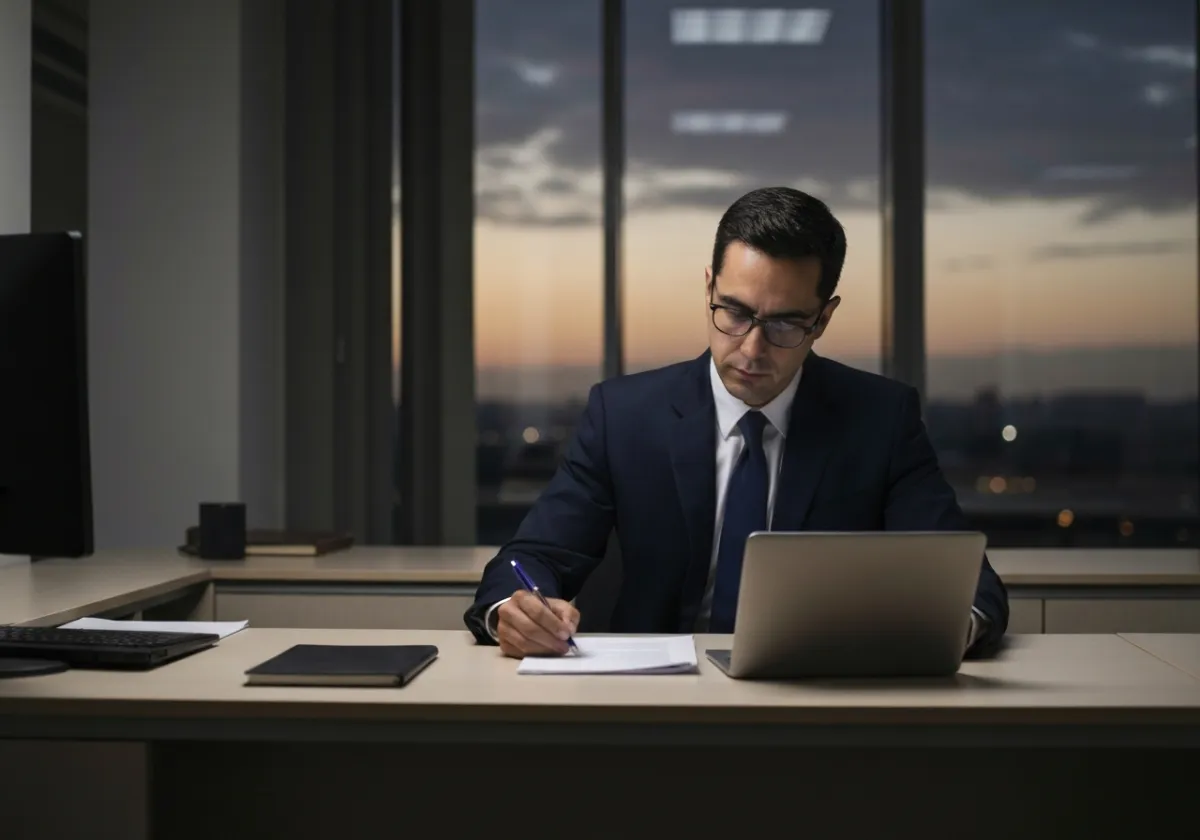 Profesional del derecho estudiando de forma online en un entorno moderno
