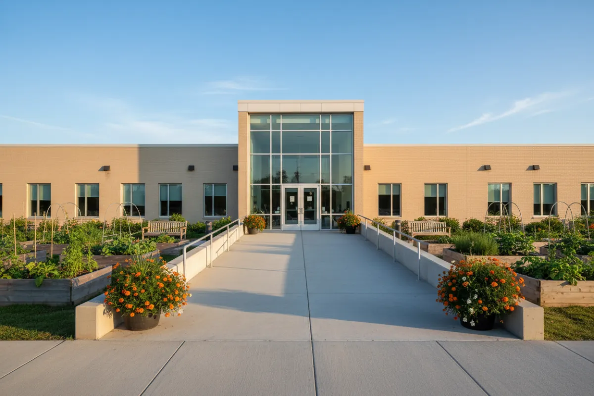 Exterior of BeaconWay Fellowship's meeting space showing accessible entrance and community garden.