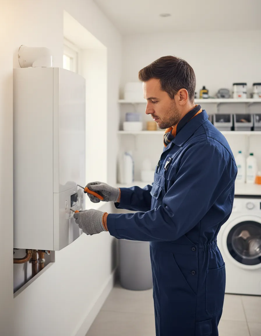 Heating engineer inspecting a modern domestic boiler
