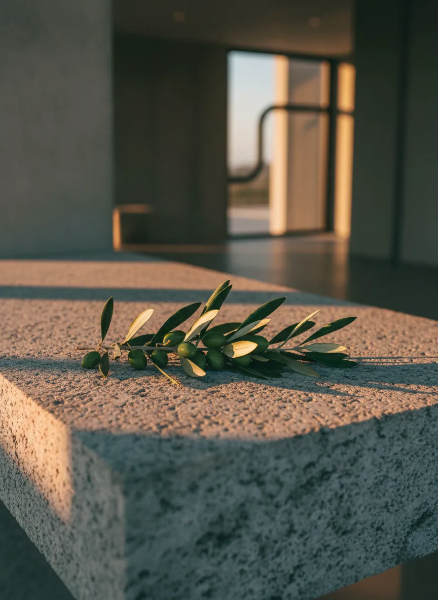 High-end editorial detail shot of an empty modern space contrasting with an earthy natural element