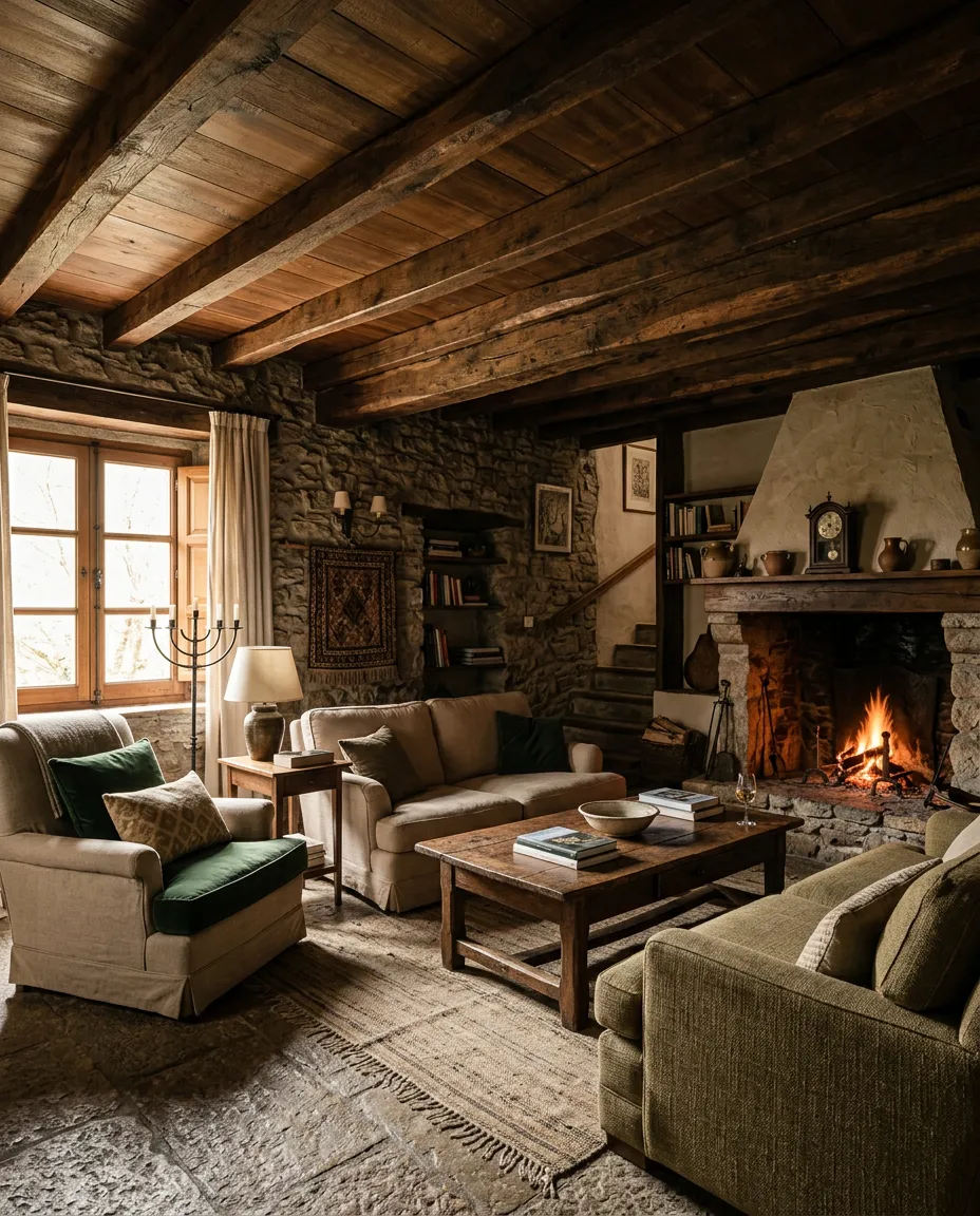 Salón acogedor de una casa rural española con techos de vigas de madera, chimenea rústica y luz natural