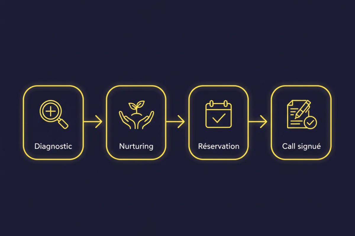 Schematic 4-step illustration: Diagnostic → Nurturing → Réservation → Call signé (flat vector, dark background, accent #f5c400, labels in DM Sans)