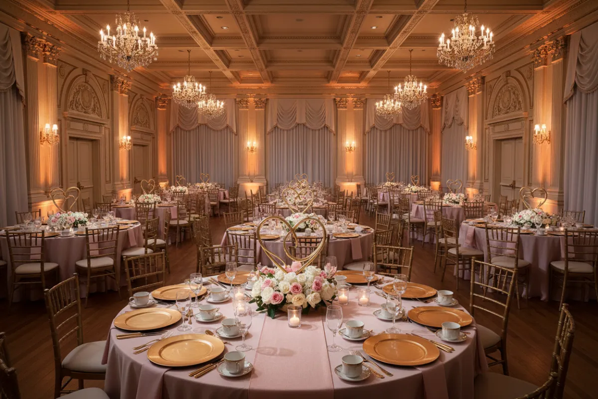 A luxurious, family-friendly Valentine's Gala ballroom with blush decor and warm lighting.