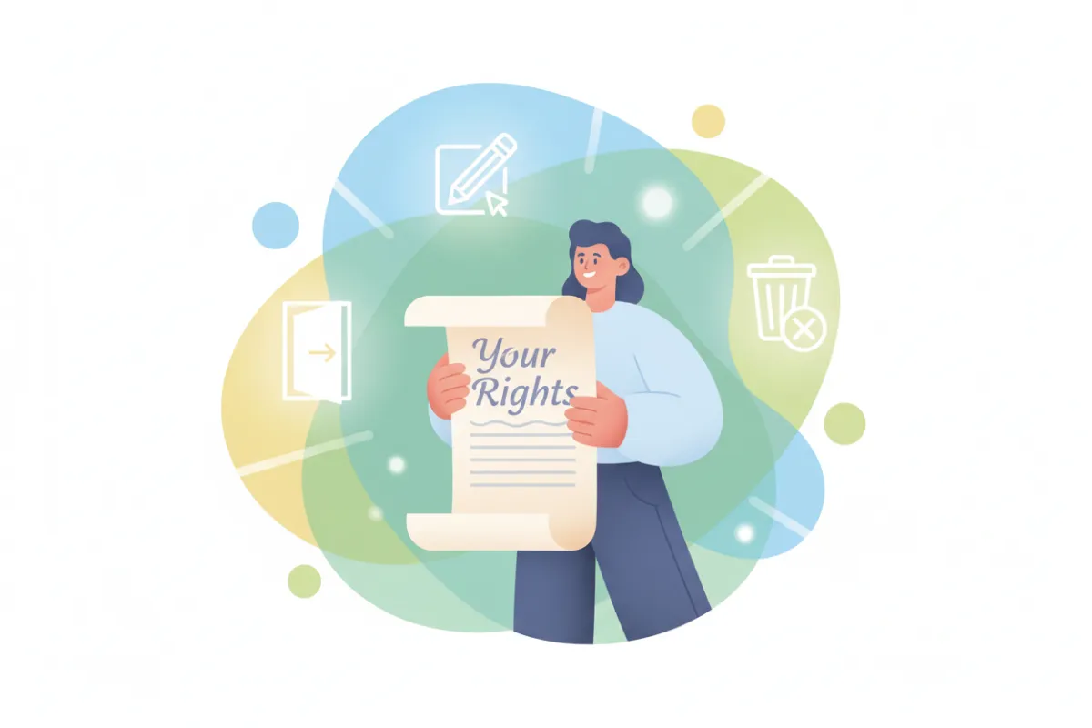 An approachable illustration of a user holding a document titled 'Your Rights', surrounded by icons for access, edit, and delete. The background is friendly and inviting, emphasizing empowerment and transparency in managing personal data.