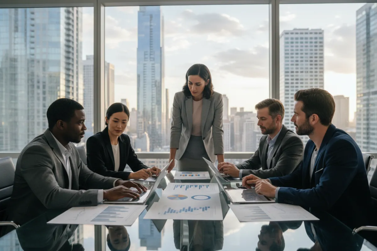 A diverse group of professionals, including men and women of various ages and ethnicities, are gathered around a sleek glass conference table, reviewing financial charts and digital tablets. The background features large windows with cityscape views, conveying trust, expertise, and a modern, welcoming atmosphere.