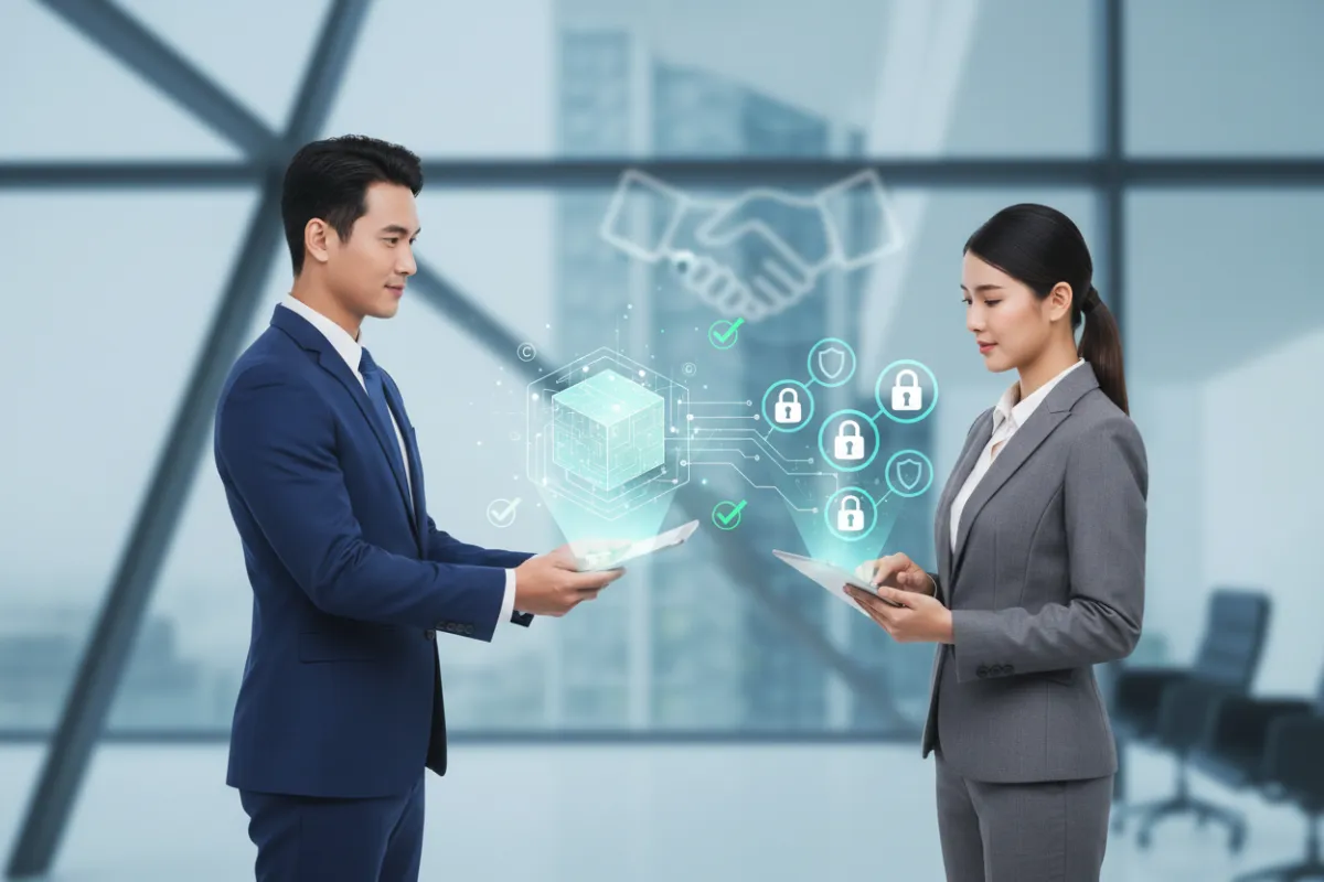 A business-style illustration showing two professionals exchanging a secure digital file, with privacy locks and compliance checkmarks visible. The background is a modern office, emphasizing trust and responsible data sharing with partners.