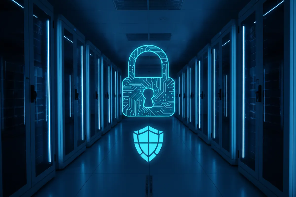 A close-up of a secure server room with blue LED lights, showing locked server racks and a digital padlock icon overlay, symbolizing robust data protection and privacy. The environment is clean, high-tech, and emphasizes security and confidentiality.