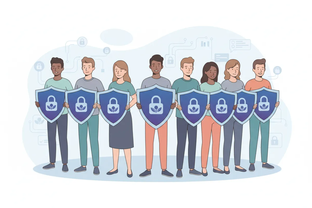 A flat illustration of a diverse group of people standing together, each holding a shield symbolizing privacy protection, set against a soft blue and white background. The scene conveys unity and trust, with subtle digital elements like locks and data icons floating in the background, emphasizing a secure, welcoming environment.