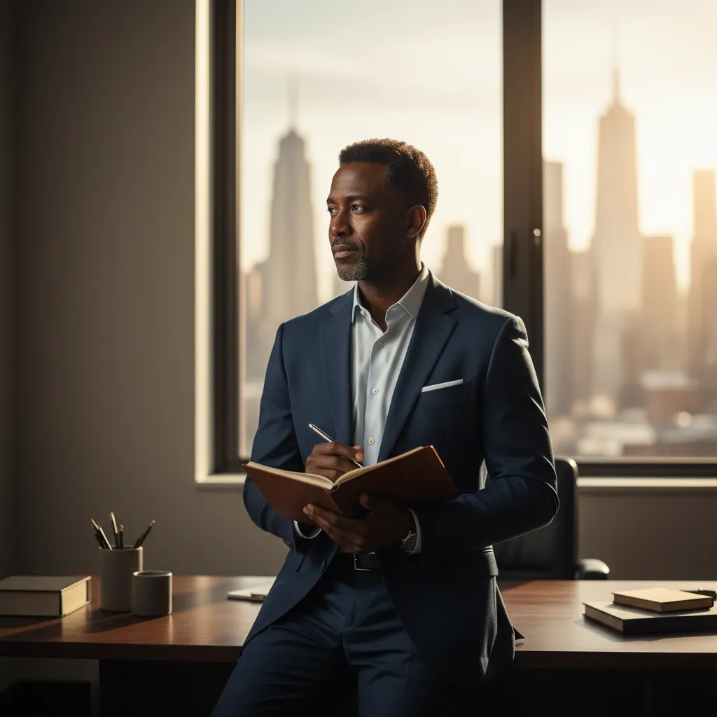Eugene Robinson, a confident African American man in his 40s, stands in front of a window overlooking a cityscape, holding a notepad. He appears thoughtful and determined, symbolizing his vision for client-first financial consulting.