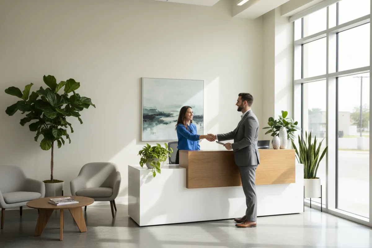 A welcoming office reception area with a modern desk, comfortable seating, and large windows. A receptionist greets a visitor, and the space is filled with natural light, plants, and a professional yet inviting atmosphere.