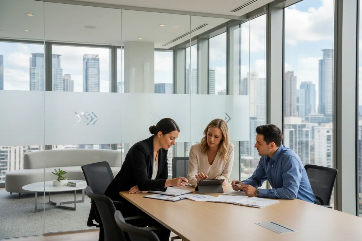 A candid scene of three financial advisors, two women and one man, discussing documents in a bright, glass-walled office. The setting includes modern furniture, subtle branding elements, and a city skyline visible through the windows, emphasizing professionalism and collaborative expertise.