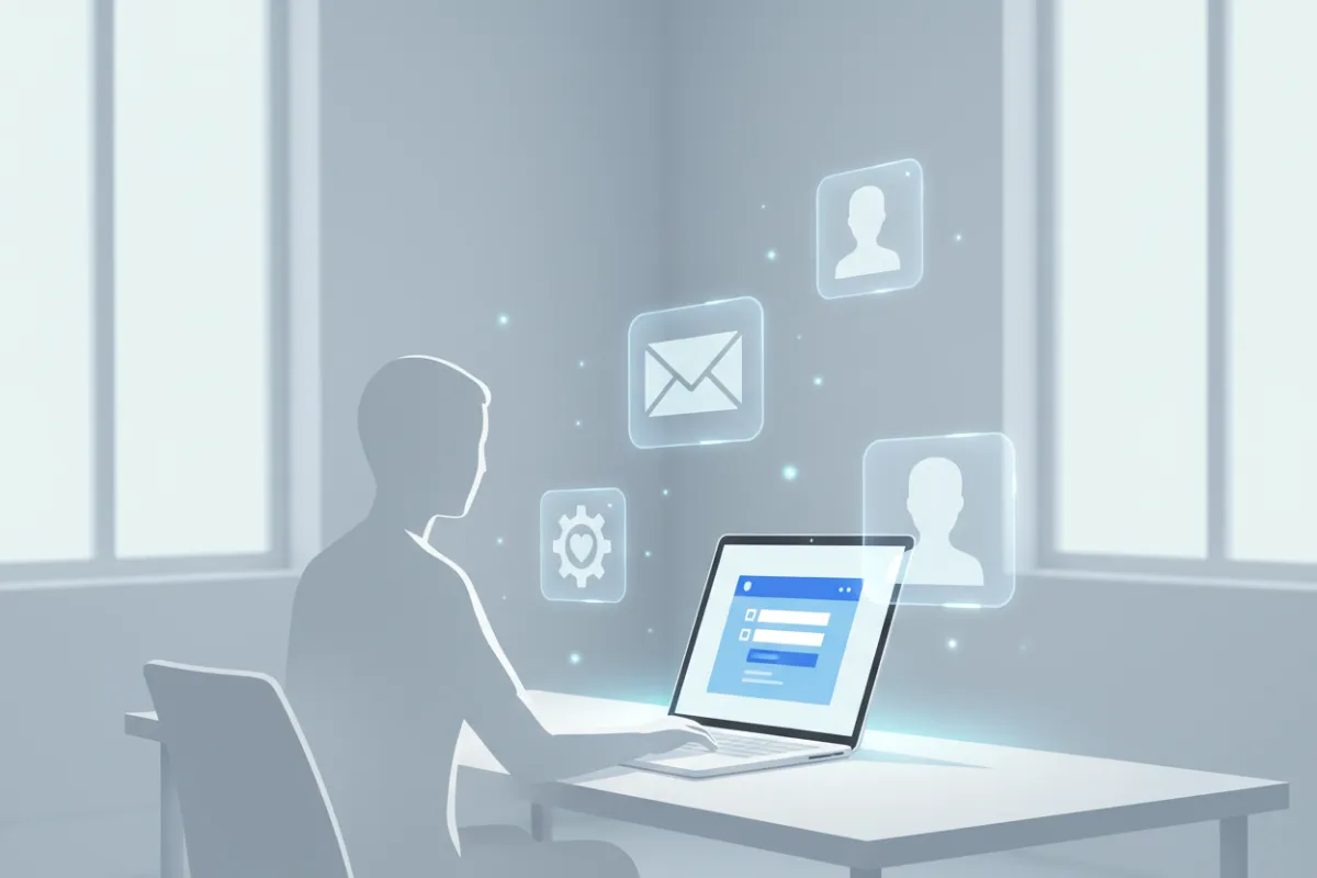 A modern digital illustration showing a person entering information into a secure online form on a laptop. Around the laptop are floating icons for email, name, and preferences, with a subtle blue and white interface. The setting is bright and clean, emphasizing transparency in data collection.