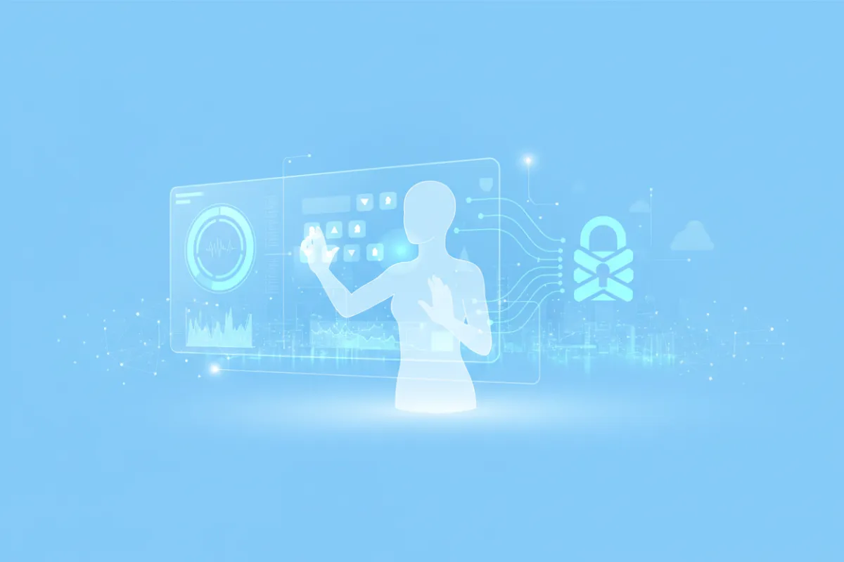 A blue-themed illustration featuring a user interacting with a personalized dashboard displaying charts, notifications, and secure data flows. The scene highlights how information is used to tailor experiences, with modern interface elements and a focus on clarity and security.