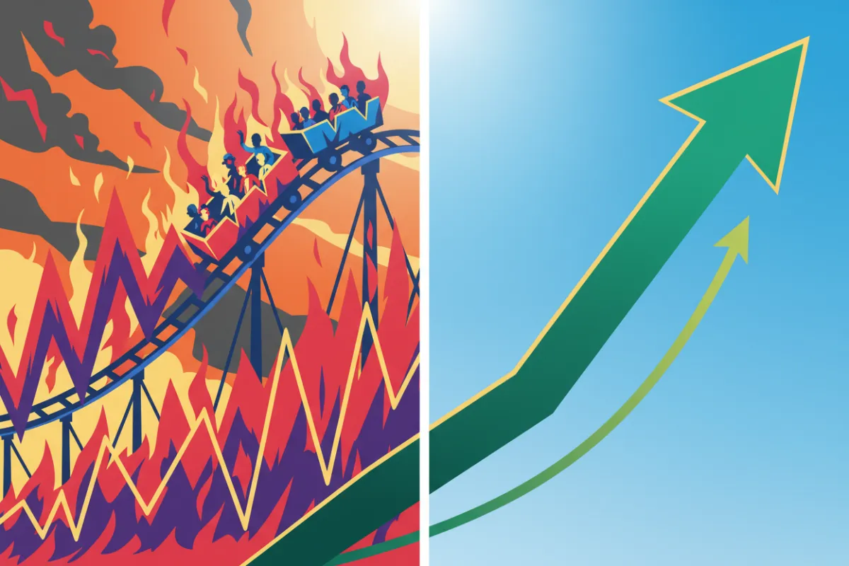 A split-screen illustration: on one side, a rollercoaster representing stock market volatility; on the other, a steady upward arrow symbolizing the stable growth of an IUL policy.