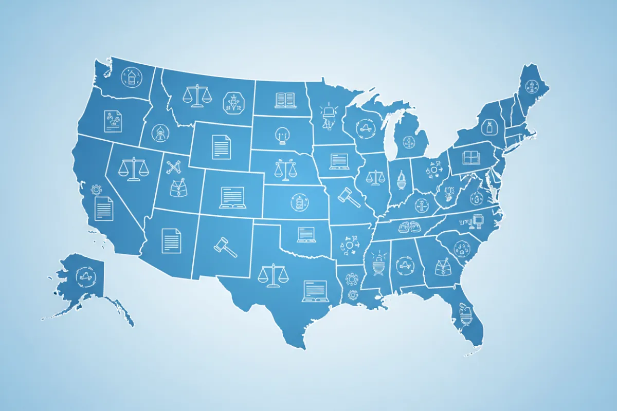 A detailed map of the United States with all 50 states outlined, overlaid with legal icons such as scales and documents, representing comprehensive nationwide compliance. The style is modern, with crisp lines and a blue color palette for trust.