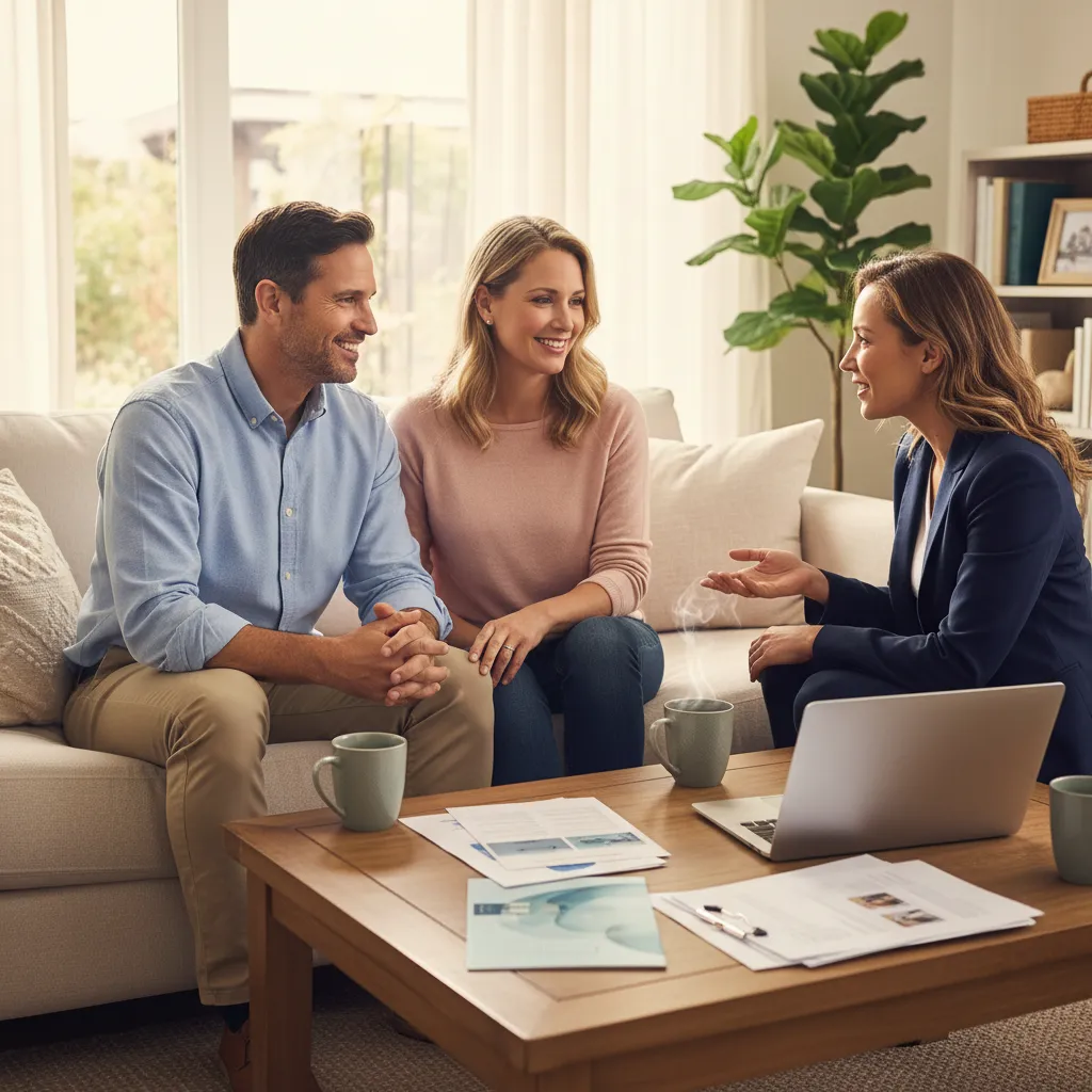 A smiling couple in their 40s, sitting on a living room sofa, discussing financial plans with a professional advisor, with a laptop and insurance brochures on the table.