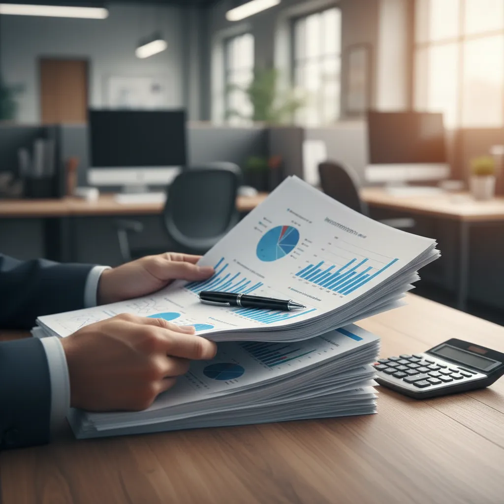 A close-up of hands holding a stack of annuity plan documents, with a pen and calculator on a wooden table. The documents feature charts and graphs, and the background shows a blurred office environment, suggesting careful financial planning and attention to detail.