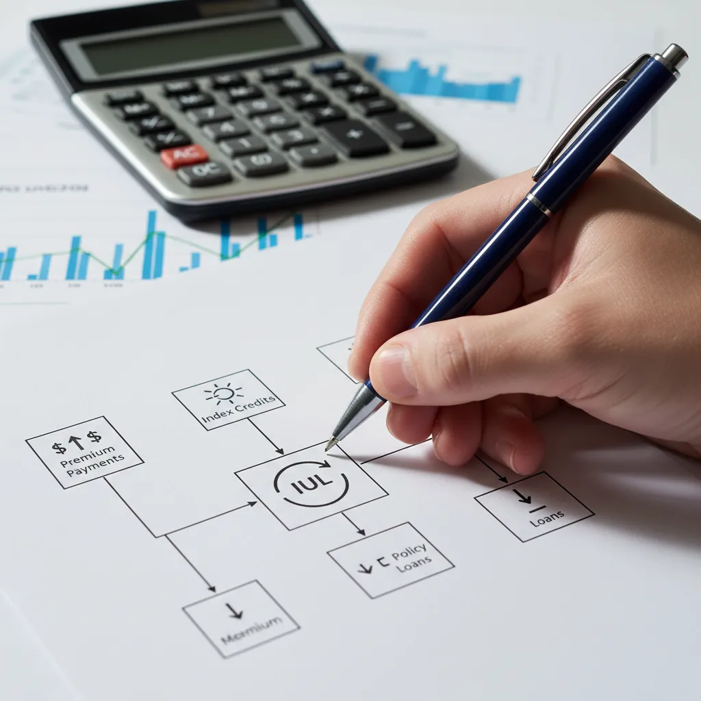 A close-up of a hand holding a pen, marking a flowchart that illustrates premium payments, index credits, and policy loans for an IUL, with financial graphs and a calculator in the background.