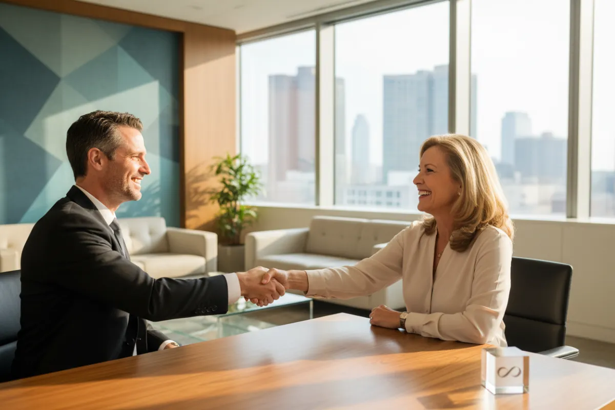 A financial advisor shaking hands with a client in a bright office
