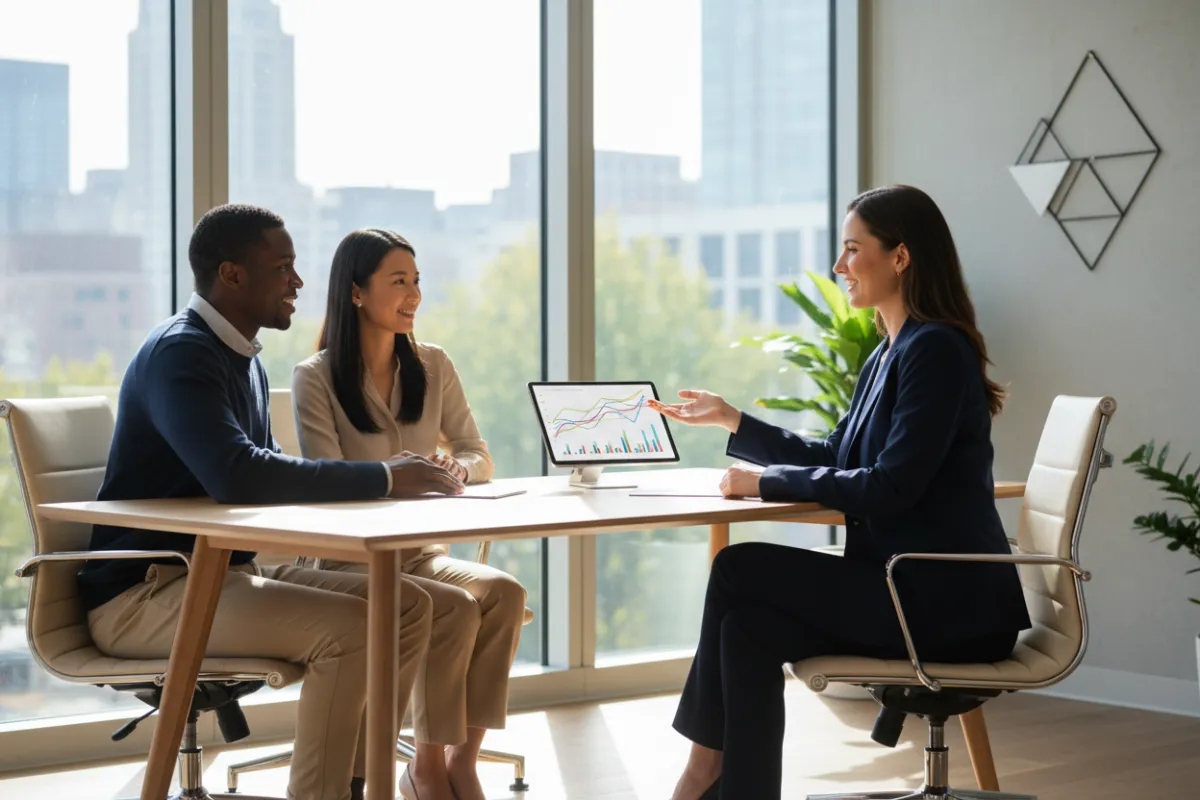 A professional financial advisor sits at a modern desk, reviewing retirement plans with a diverse couple. The office features large windows, natural light, and a digital tablet displaying charts. The advisor gestures confidently, creating a sense of trust and expertise.