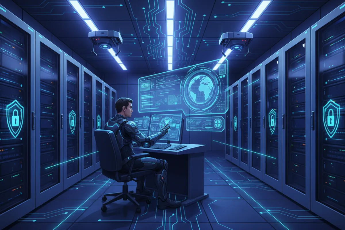A high-tech illustration of a secure server room, featuring digital locks, shield icons, and a technician monitoring advanced security systems. The environment is clean and modern, highlighting robust protection and constant vigilance over personal data.