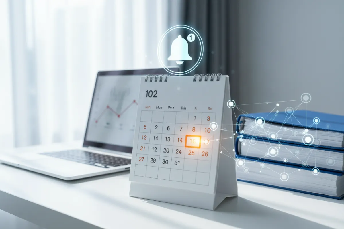 A calendar with highlighted dates and a notification bell, set on a desk with a laptop and legal documents, symbolizing timely updates and transparent communication about changes to terms. The style is crisp, organized, and businesslike.